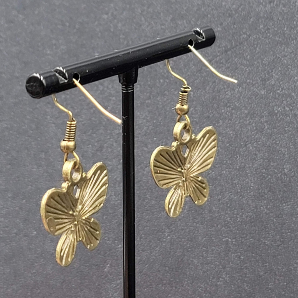Butterfly Pierced Earrings Dangle Bronze tone Embossed 7/8"