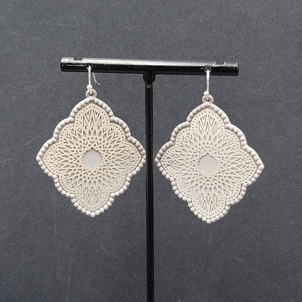 Pierced Earrings Silver tone Gray Enamel Filigree Enamel 1.75"