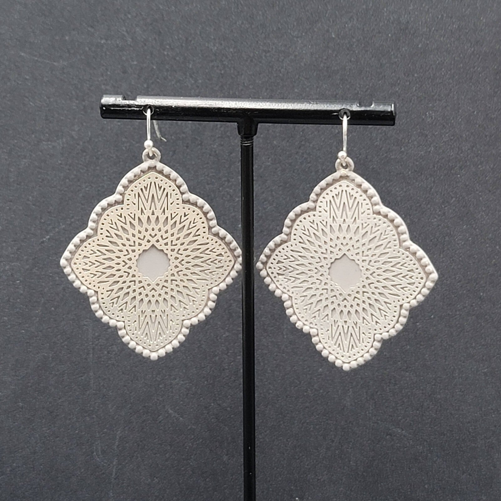 Pierced Earrings Silver tone Gray Enamel Filigree Enamel 1.75"