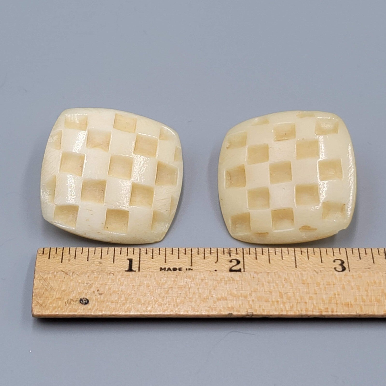 Vintage Clip on Earrings Hand Carved Checkered Square Drop 1.25"