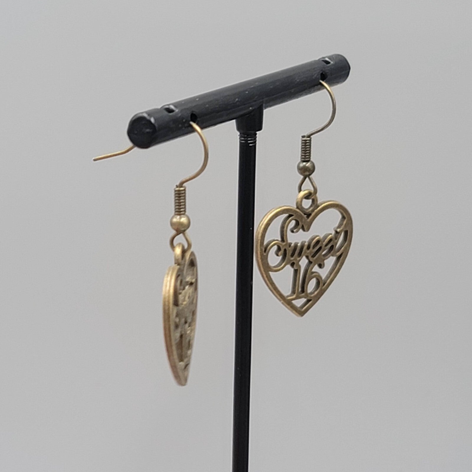 Sweet 16 Heart Pierced Earrings New Bronze tone Dangle 7/8"