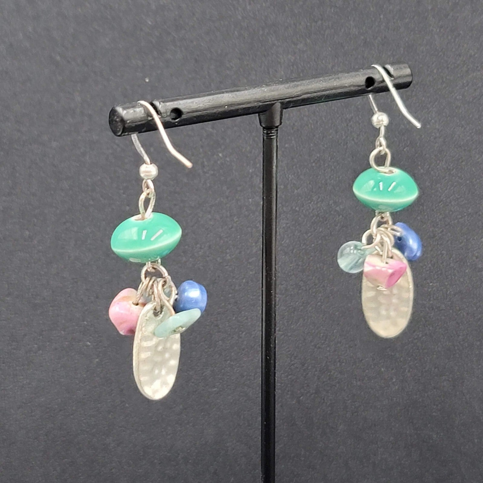 Pierced Earrings Silver tone Dangle Mixed Multicolor Cluster Beads 1.5"
