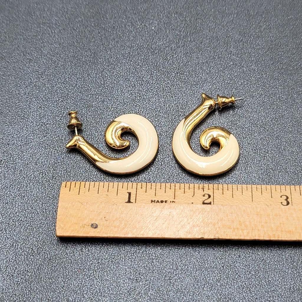 Vintage MONET Pierced Earrings Gold Plated White Enamel Swirl Drop  1.25"