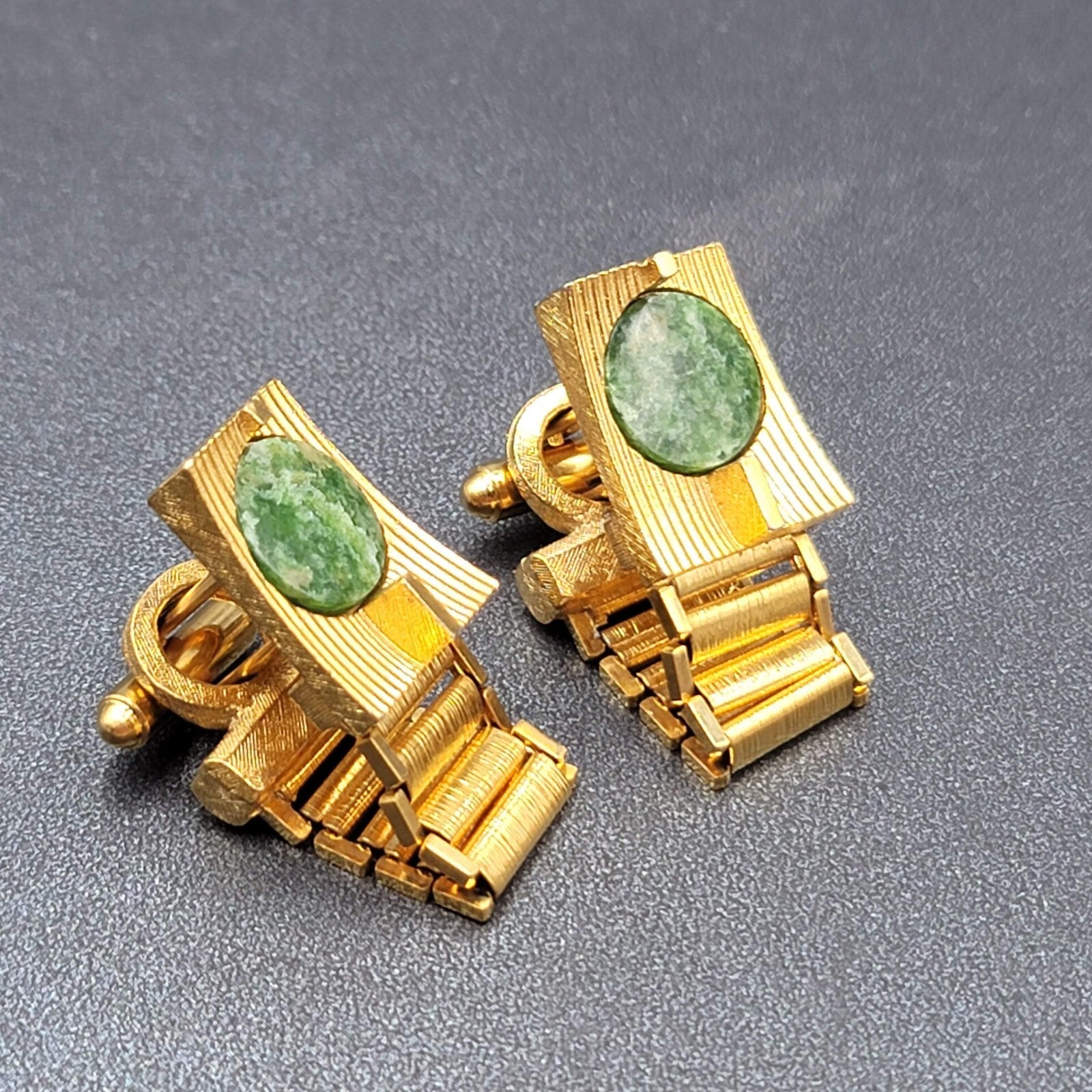 Vintage Gold tone Mesh Wrap Around Cufflinks Jasper Green Marbled Stone