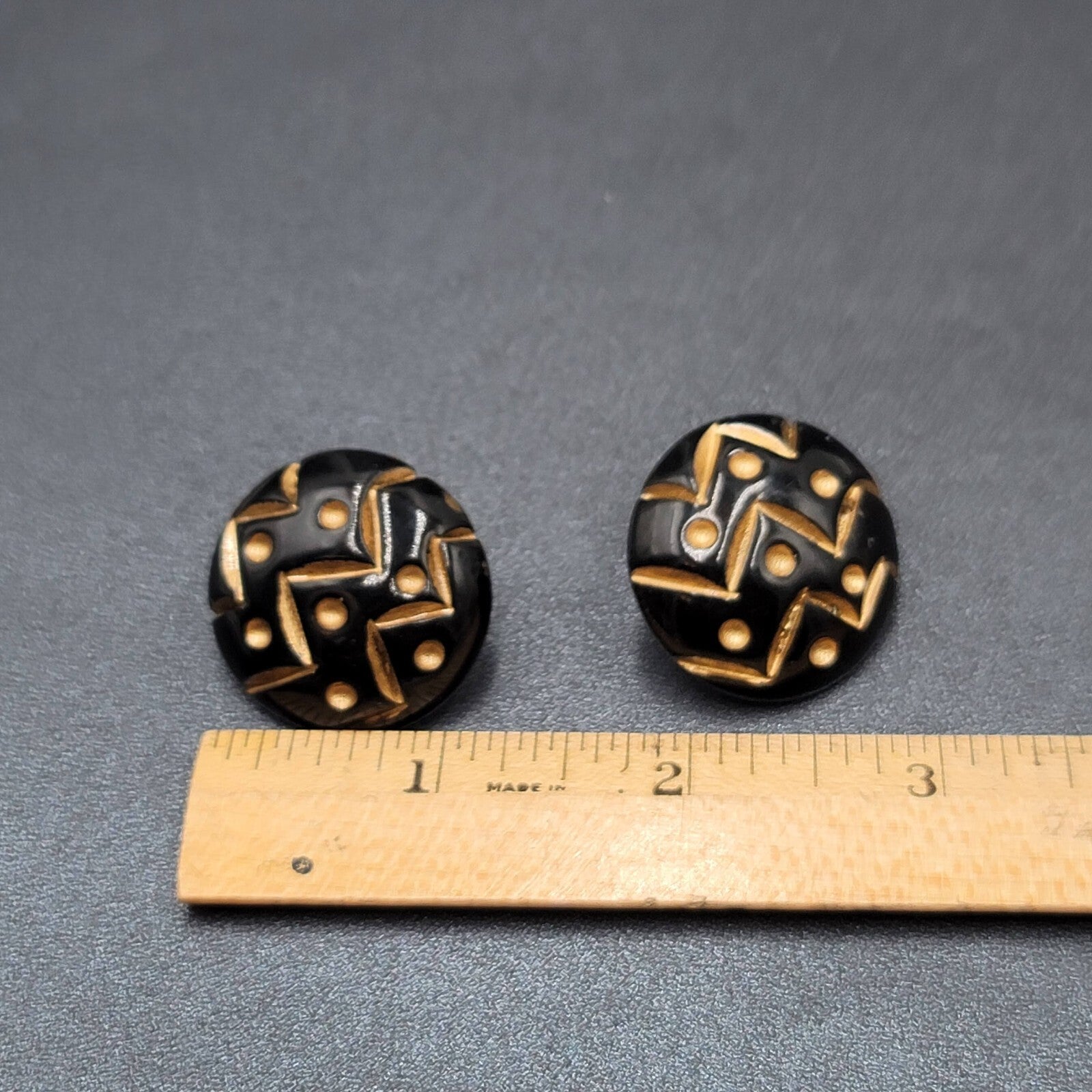 Vintage Pierced Earrings Wood Black Gold Painted Dome Button Stud  1.25"