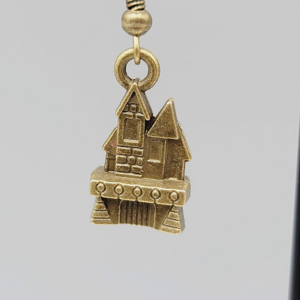 Castle House Pierced Earrings Bronze tone Embossed Dangle New 7/8"