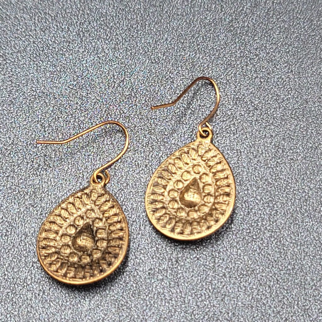 Boho Pierced Earrings Gold tone Teardrop Medallion Dangle 1"