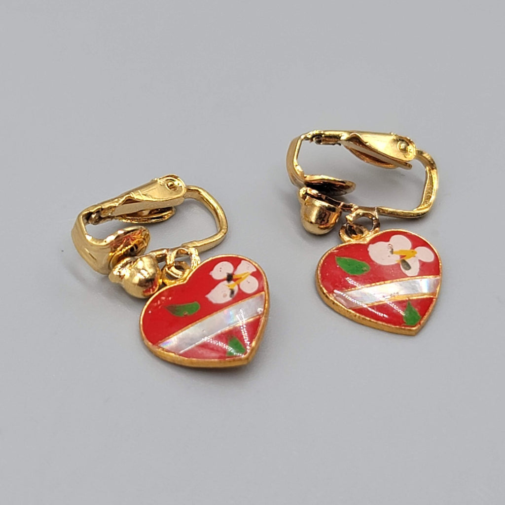 Vintage Red Heart Dangle Clip on Earrings Gold tone Flower 1/2"