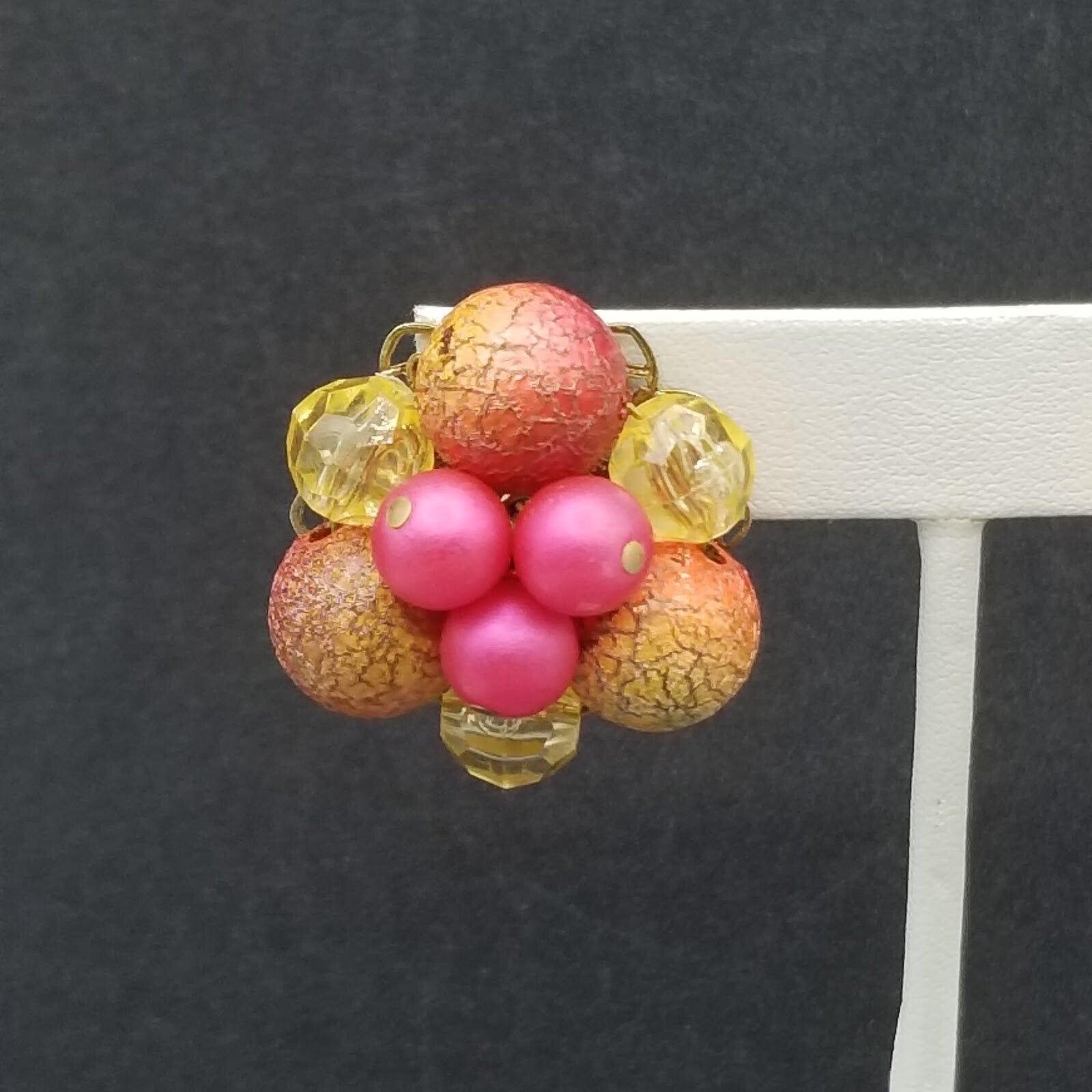 Vintage Clip On Pink Acrylic Bead Cluster Stud 1 1/4"