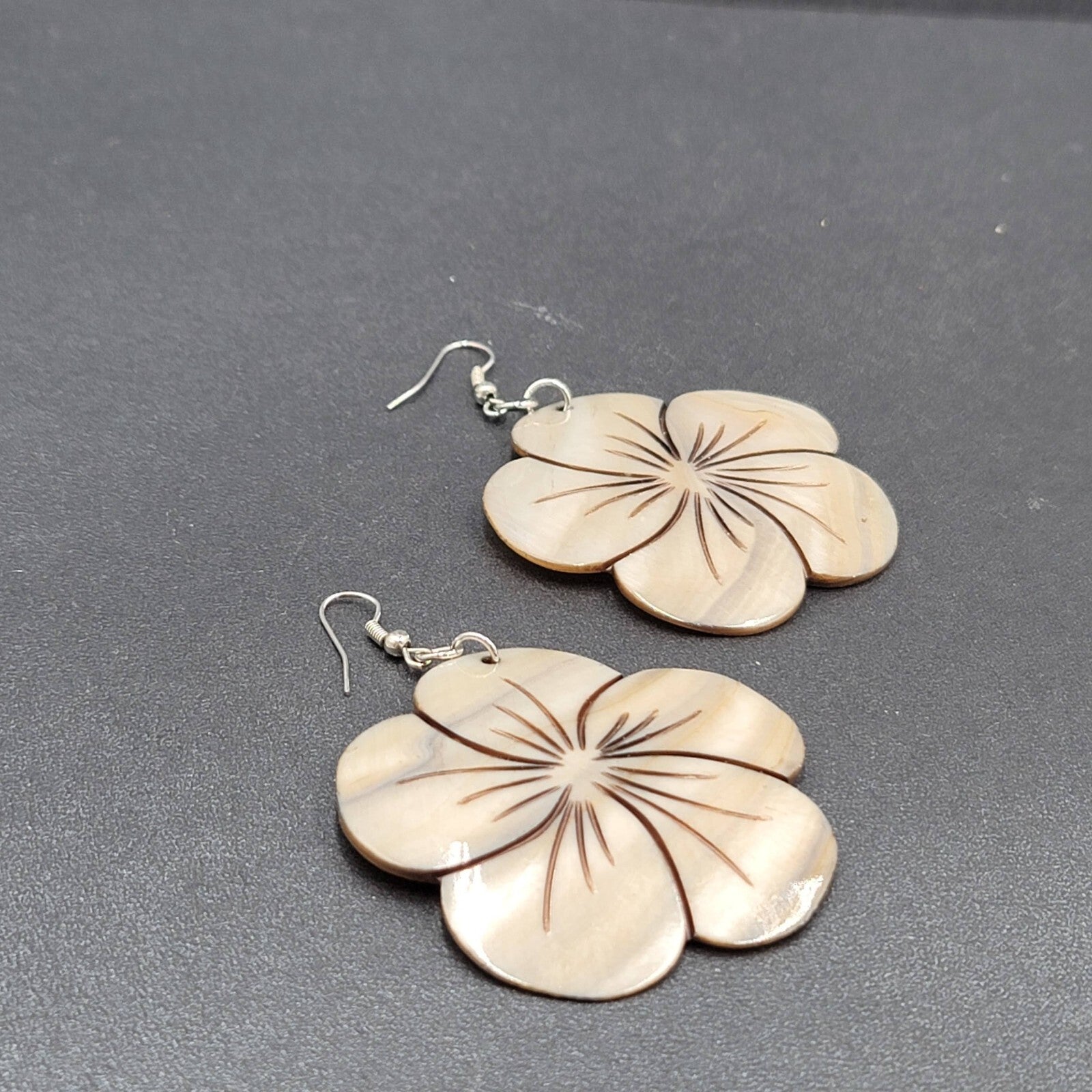 Flower Pierced Earrings Large Carved Shell Silver tone 2"