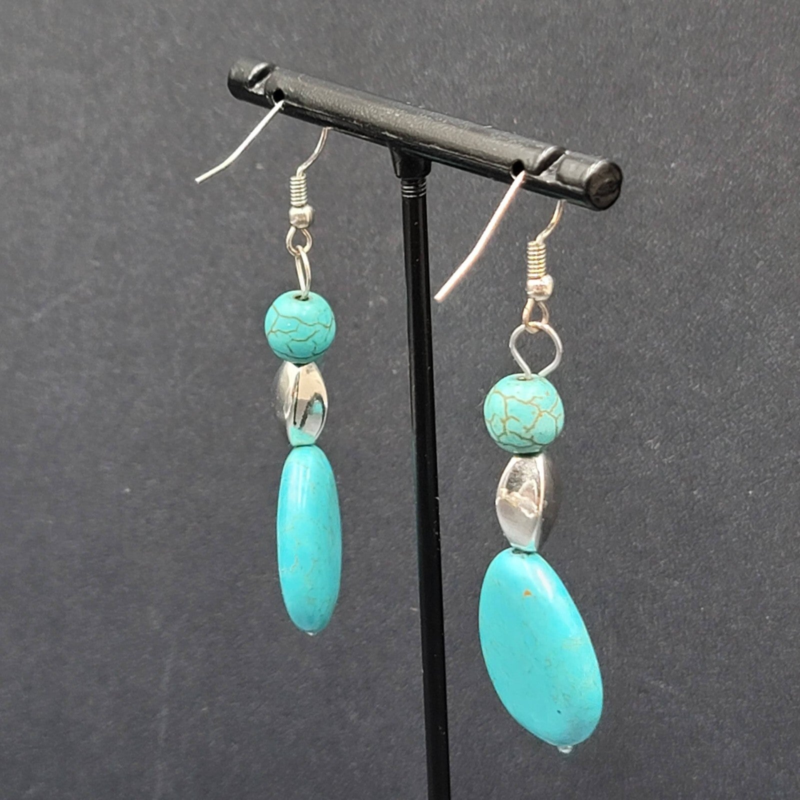 Pierced Earrings Silver tone Dyed Blue Howlite Teardrop Stone Beads 2"