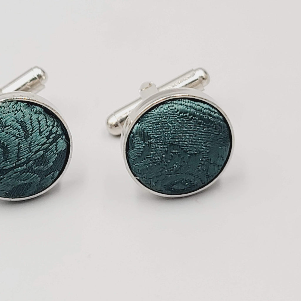 Mens Cufflinks Silver tone Round Dark Green Fabric Modern 5/8"