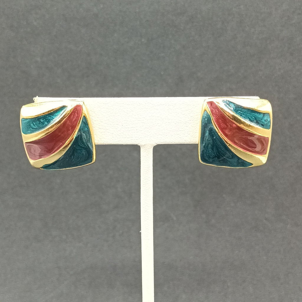 Vintage Pierced Earrings Gold plated Green Purple Enamel Geometric Drop 7/8"