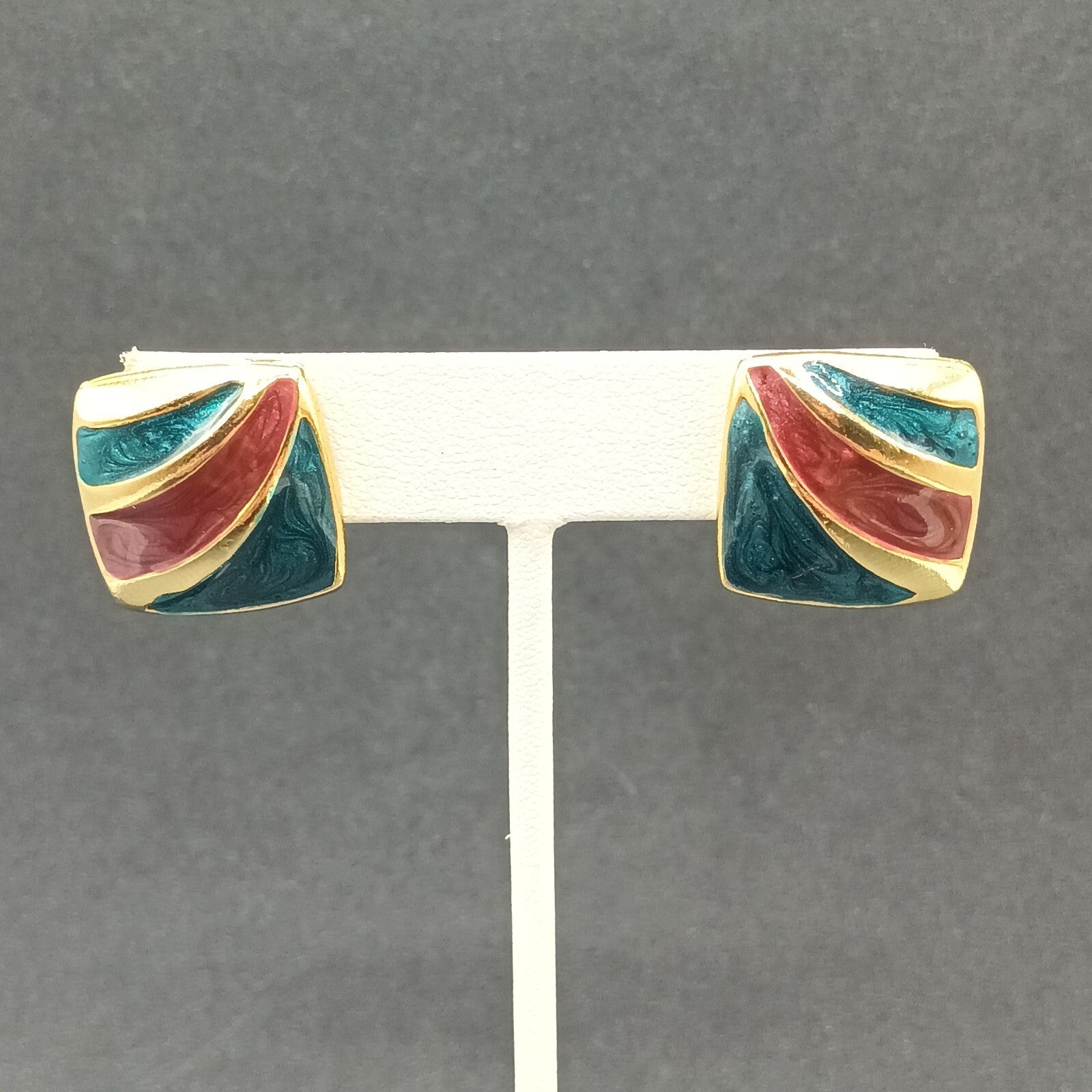 Vintage Pierced Earrings Gold plated Green Purple Enamel Geometric Drop 7/8"