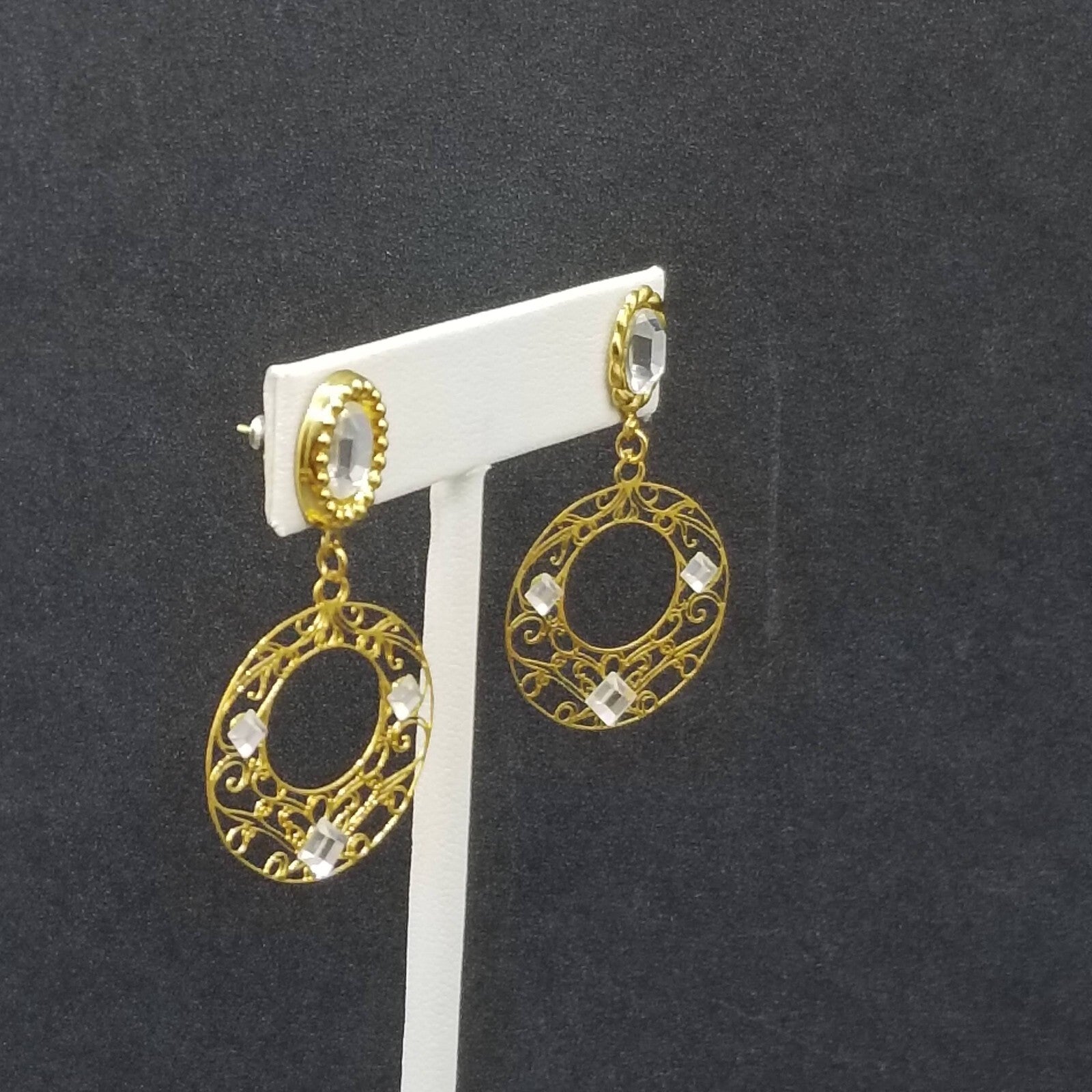 Pierced Earrings Gold tone Crystal Open Work Round Dangle 1 3/4"
