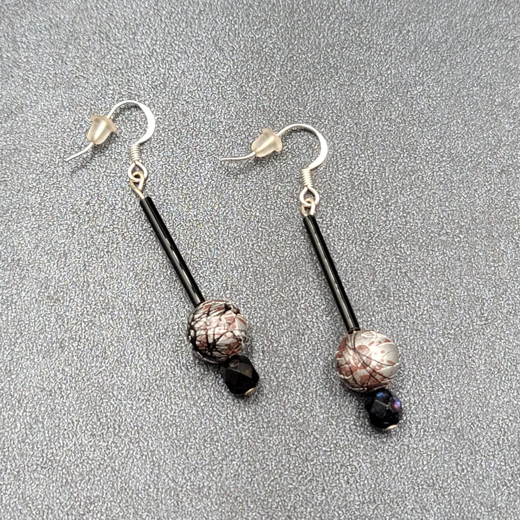 Pierced Earrings Silver tone Black Glass Bead Hand Painted 1.75"