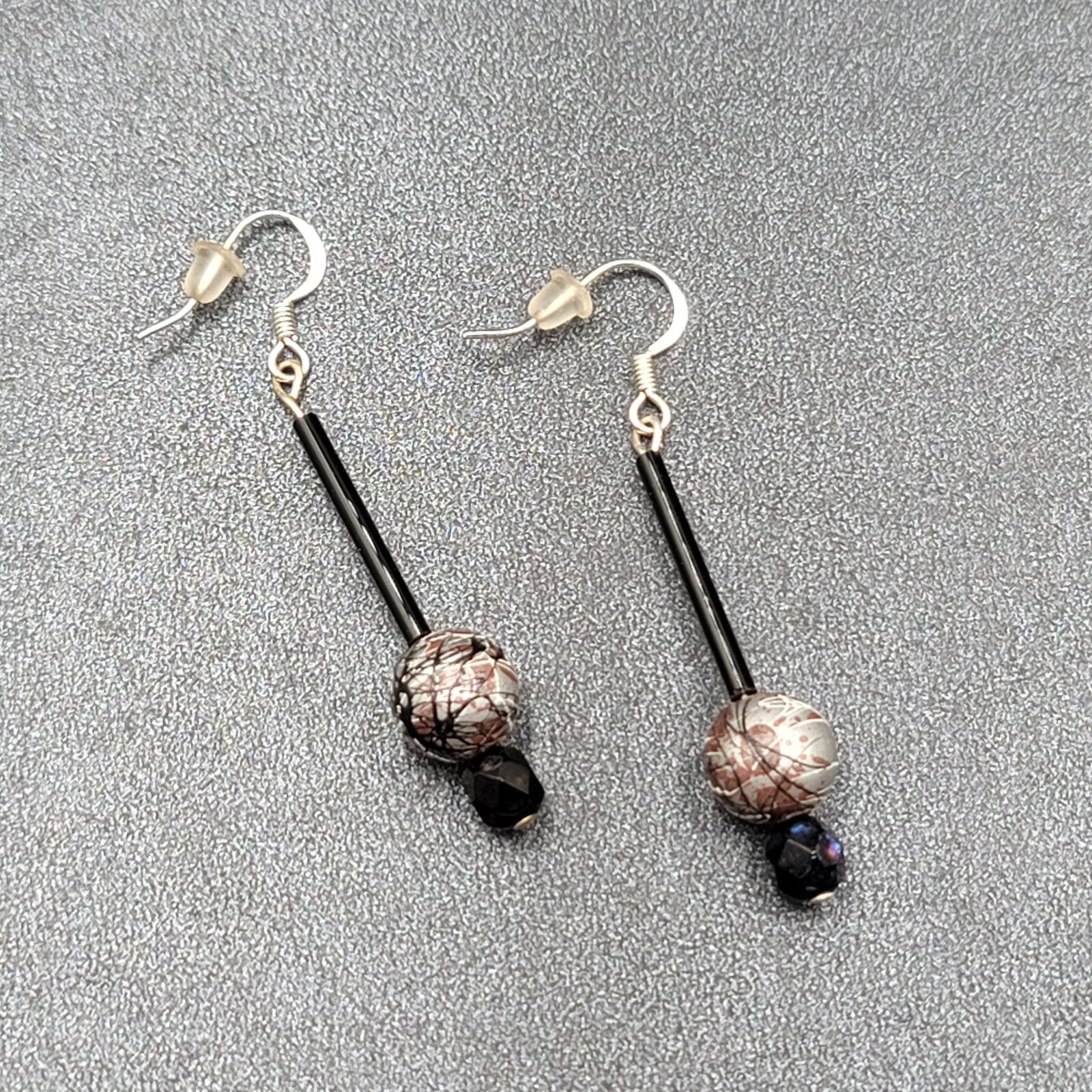 Pierced Earrings Silver tone Black Glass Bead Hand Painted 1.75"