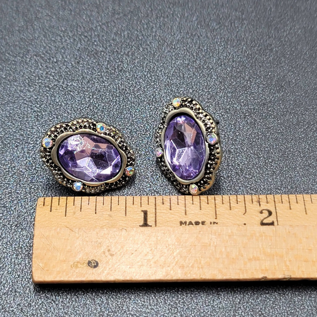 Pierced Earrings Silver tone Glass Faceted Oval Rhinestone 7/8"