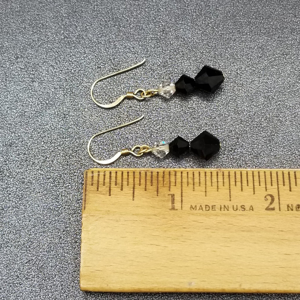 Pierced Earrings Gold tone Black Faceted Crystal Beaded Dangle 3/4"