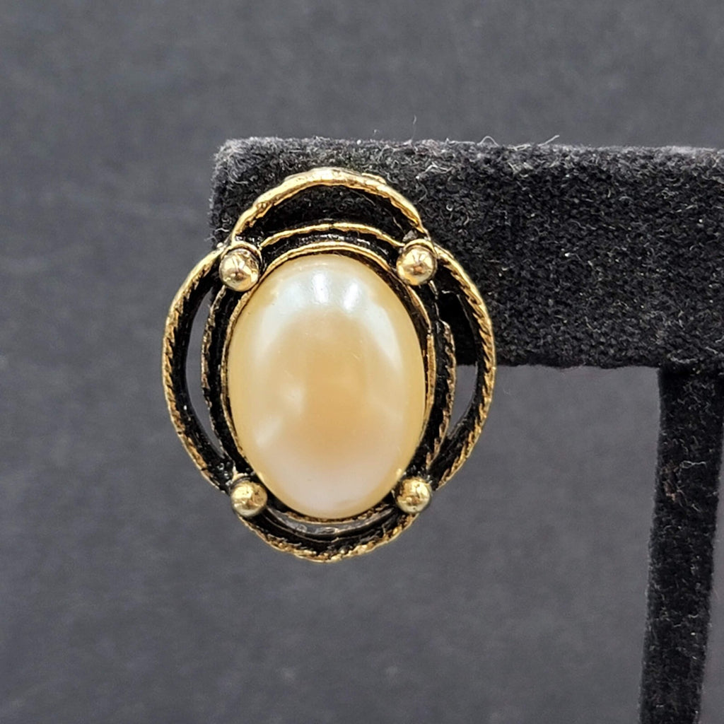 Vintage Pierced Earrings Gold tone White Cabochon Oval Drop 1"
