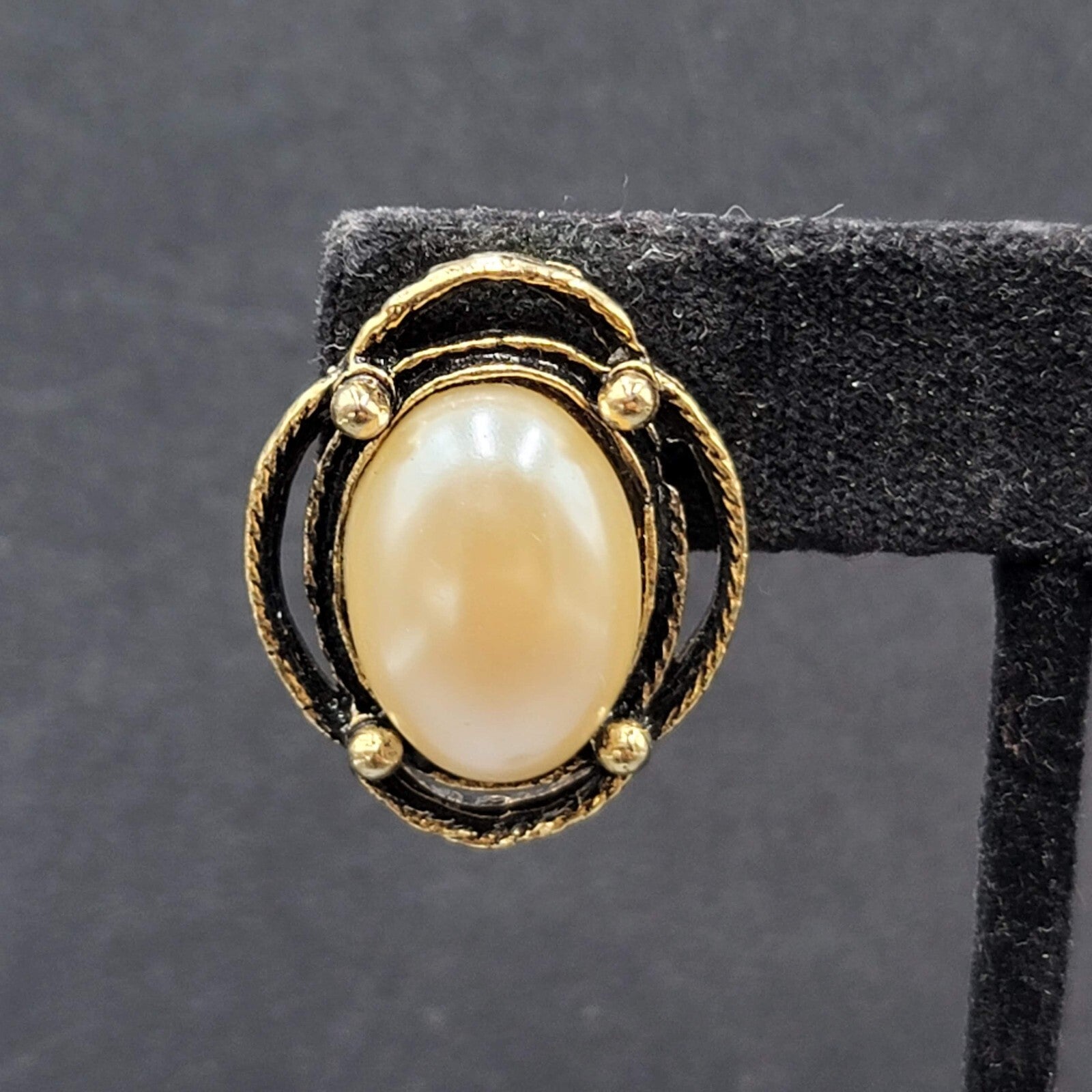 Vintage Pierced Earrings Gold tone White Cabochon Oval Drop 1"