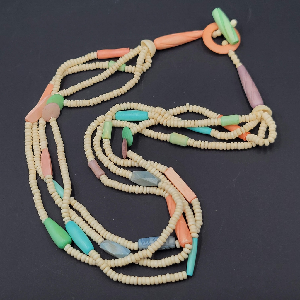 Vintage Multi Strand Beaded Necklace Carved Pastel Beads Toggle Clasp 24"