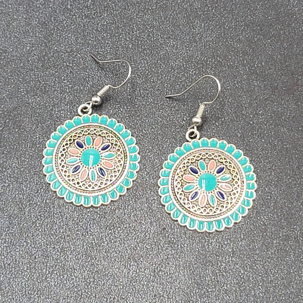 Pierced Earrings Silver tone Enamel Medallion Round Dangle Multicolor 1"
