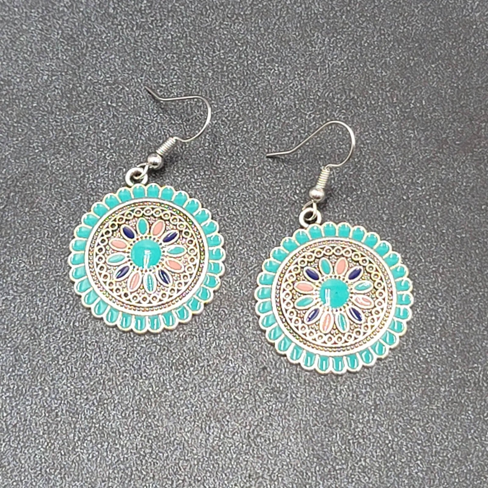 Pierced Earrings Silver tone Enamel Medallion Round Dangle Multicolor 1"