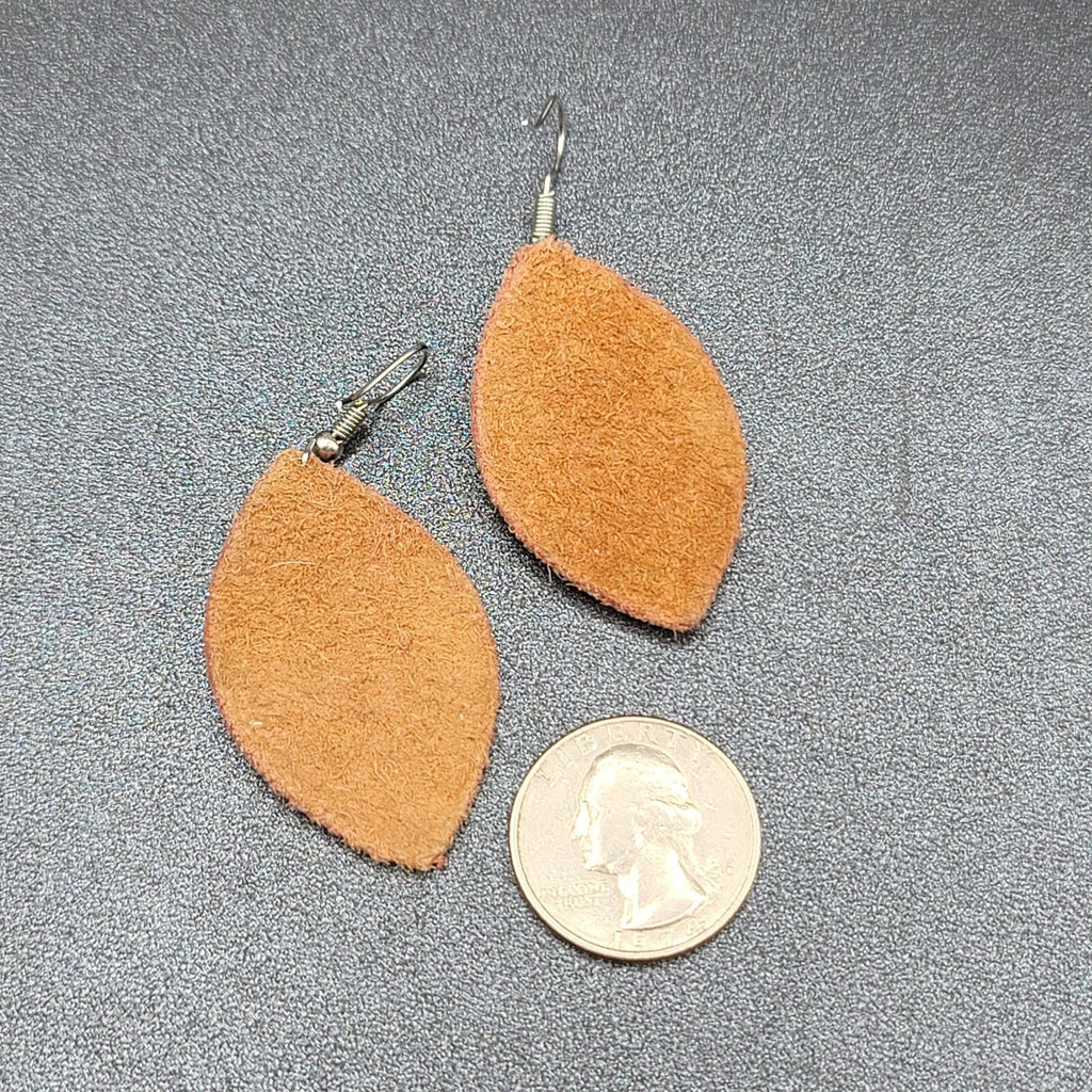 Bohemian Leather Teardrop Dangle Pierced Earrings 1.75" Metal Feather