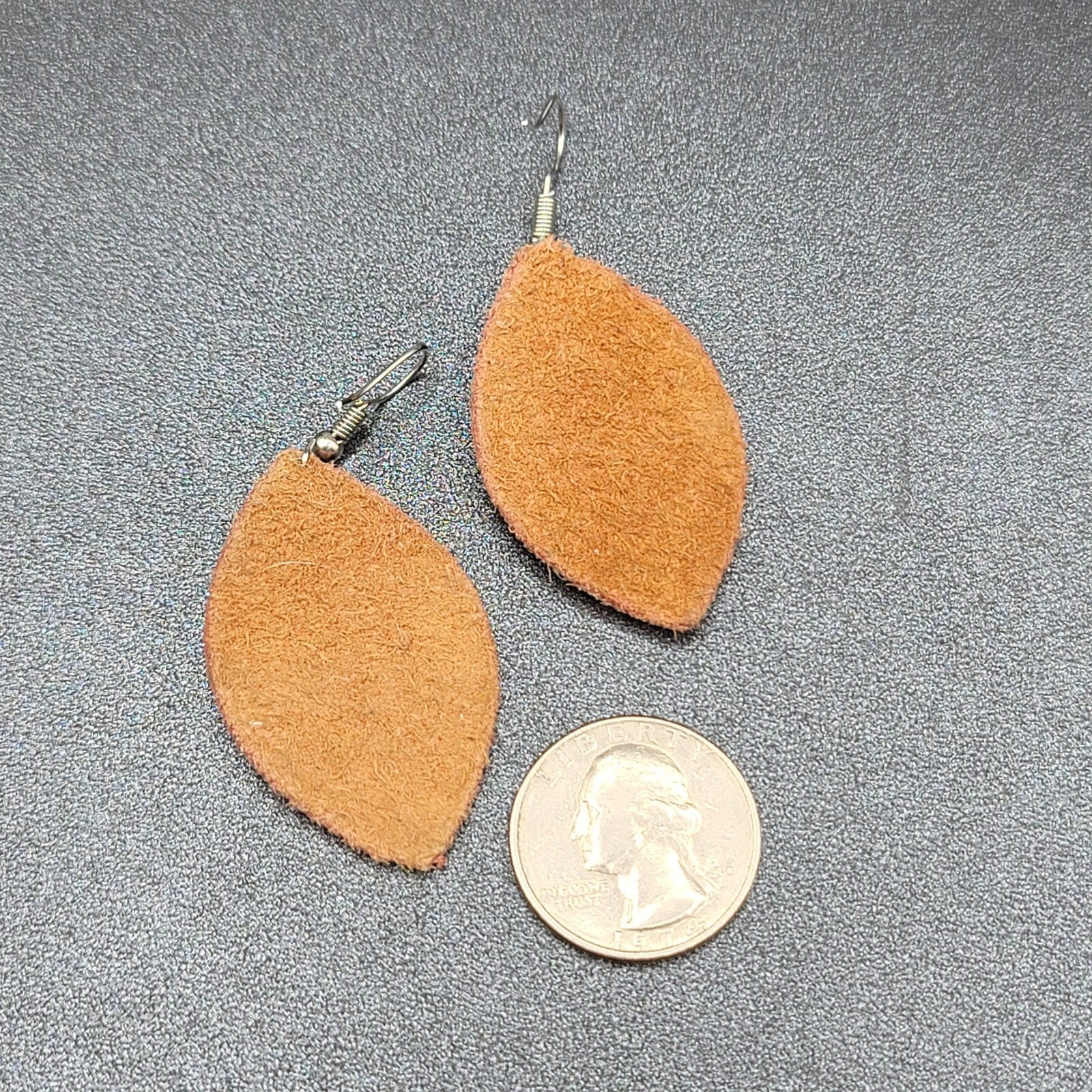 Bohemian Leather Teardrop Dangle Pierced Earrings 1.75" Metal Feather