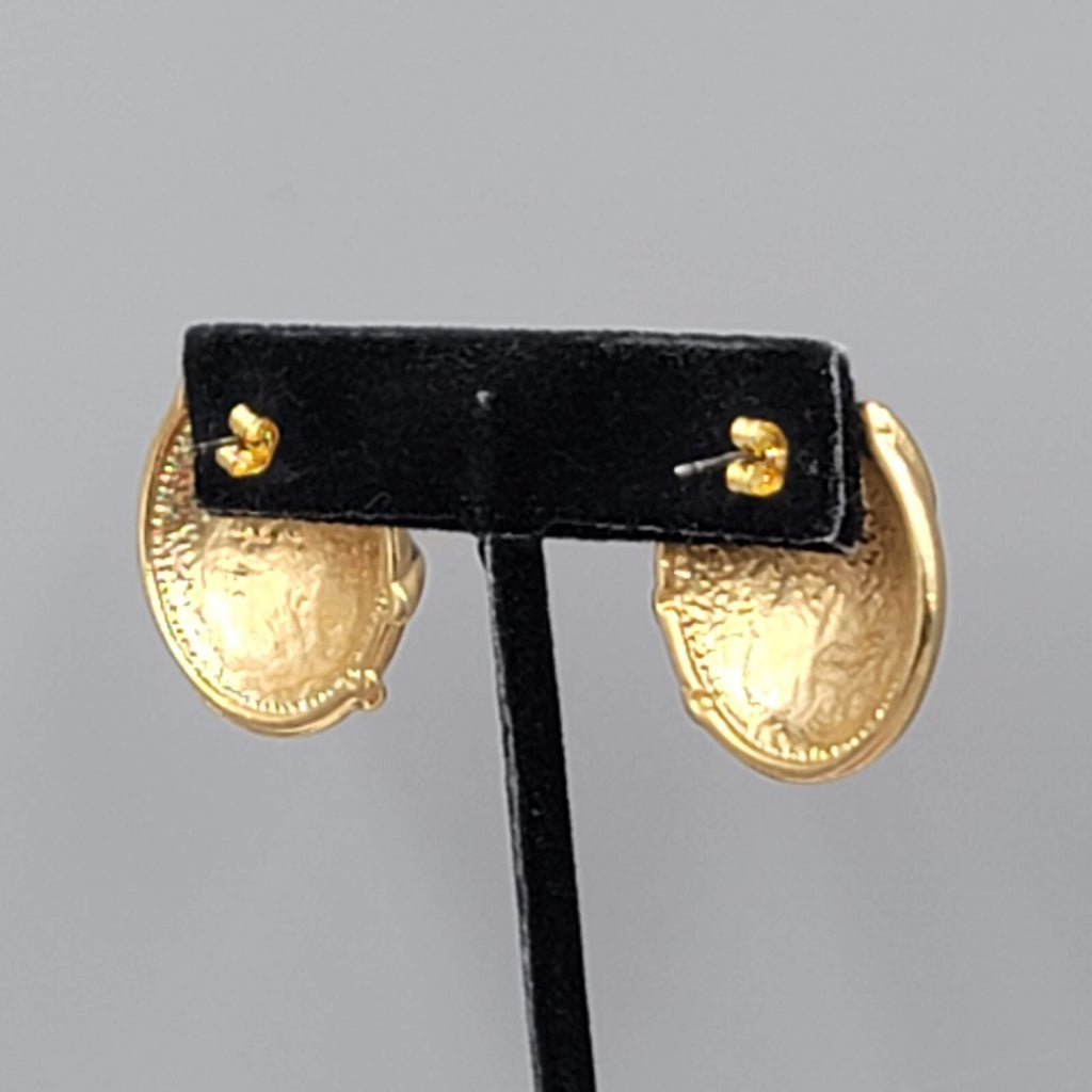 Vintage Pierced Earrings Red Brown Enamel Gold tone Dome 1"