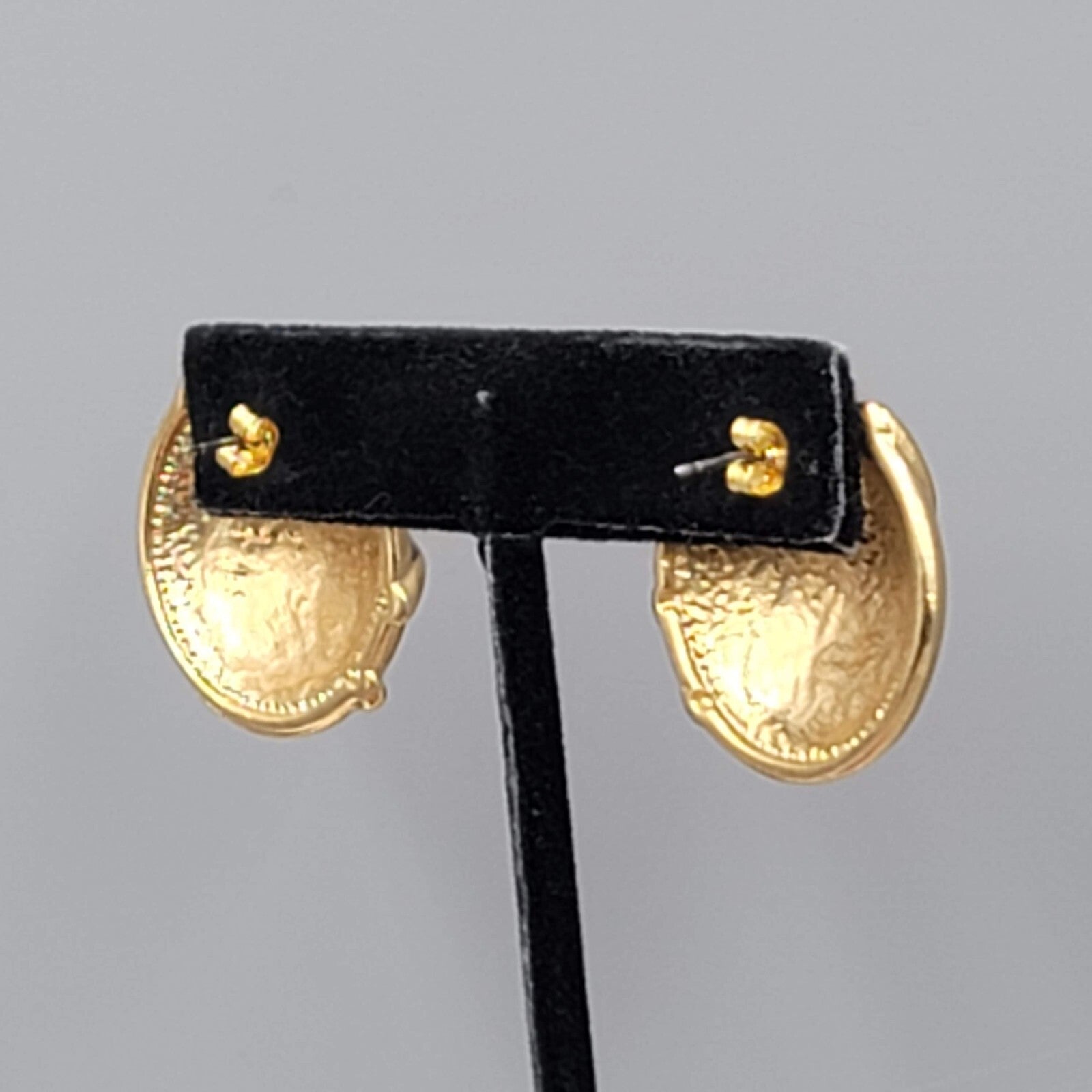 Vintage Pierced Earrings Red Brown Enamel Gold tone Dome 1"