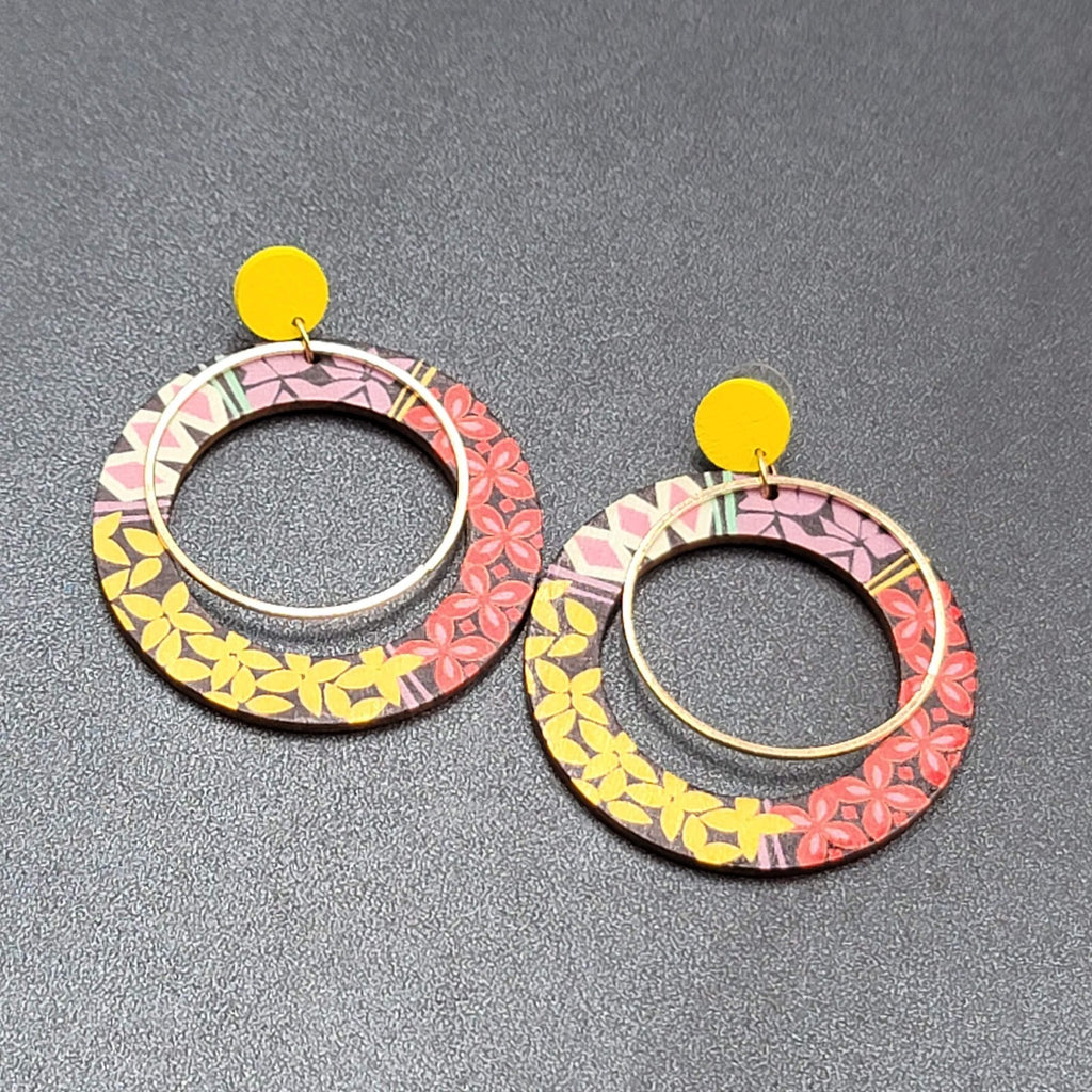 Pierced Earrings Multicolor Yellow Gold tone Wood Hoops Statement 2 3/8"