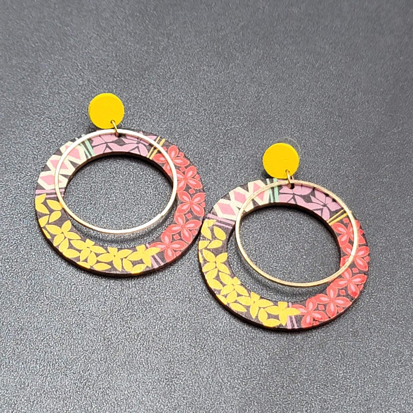 Pierced Earrings Multicolor Yellow Gold tone Wood Hoops Statement 2 3/8"