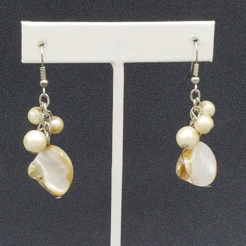Pierced Earrings Silver tone White Shell Bead Dangle Beach Theme 1.5"