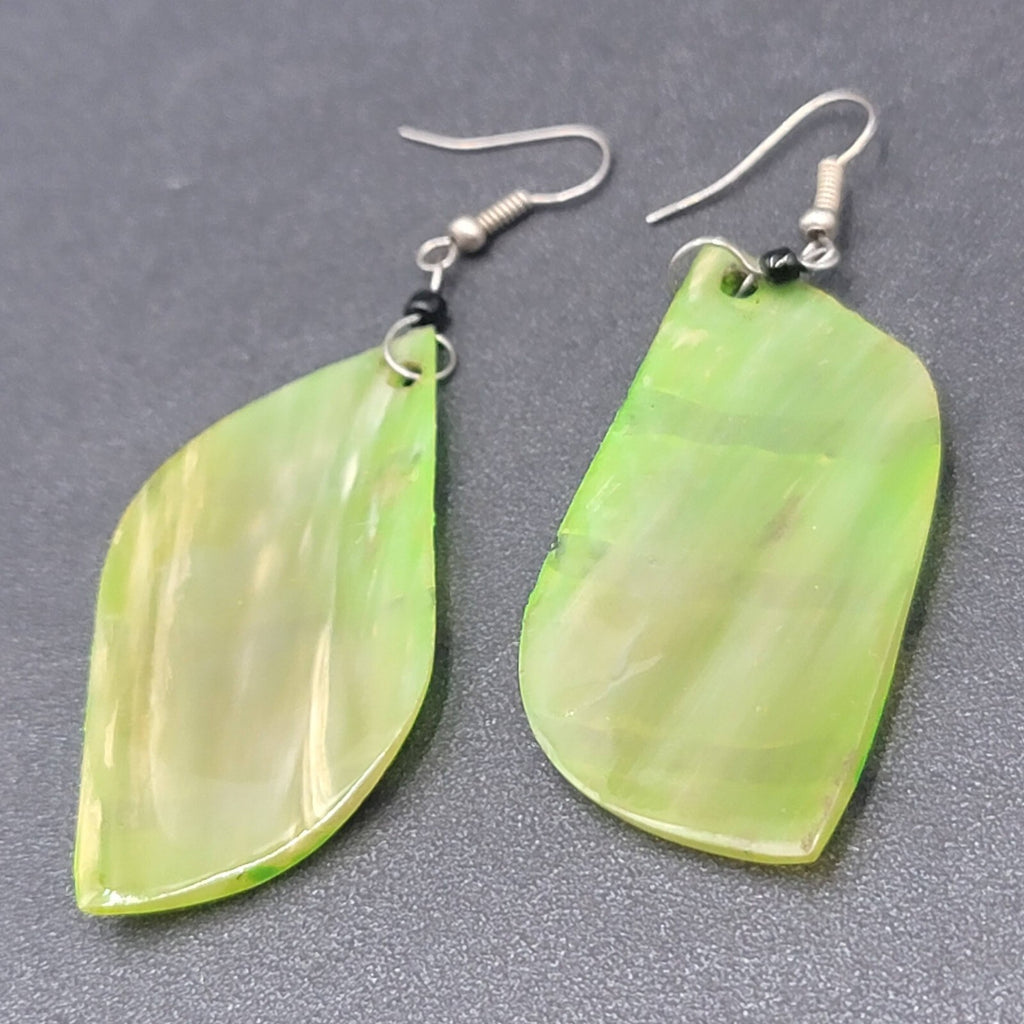 Pierced Earrings Silver tone Green Shell Hand Painted Dangle Acrylic 2.25"