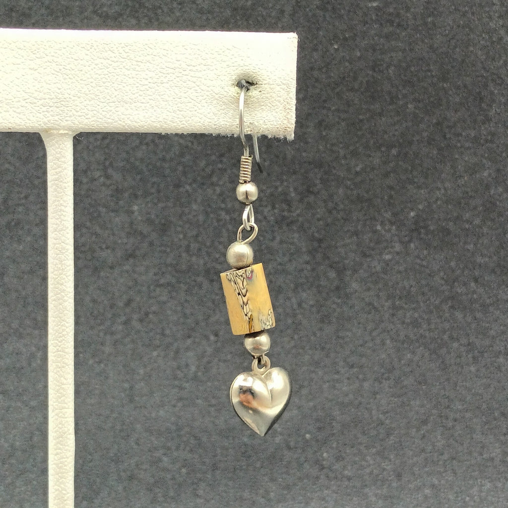 Pierced Earrings Silver tone Heart Acrylic Beaded Dangle 1 1/4"