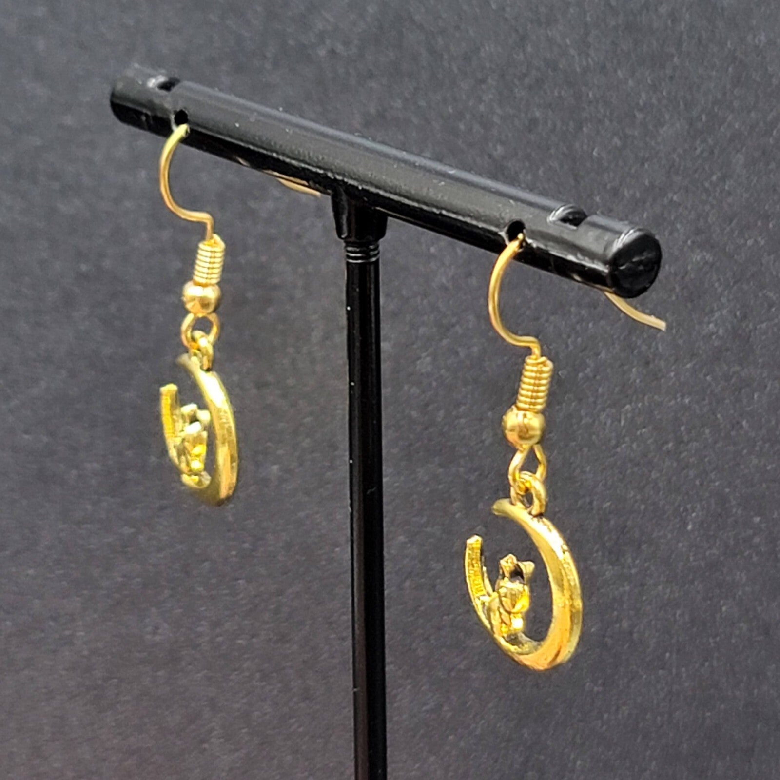 New Bunny Rabbit on Crescent Moon Pierced Earrings Gold tone Dangle 5/8"