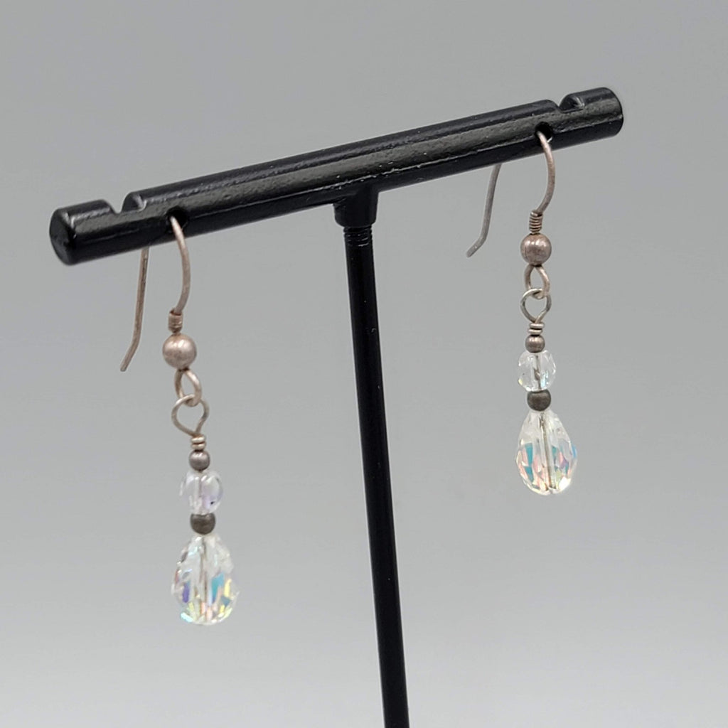 AB Crystal Teardrop Bead Pierced Earrings Silver tone Dangle 7/8"