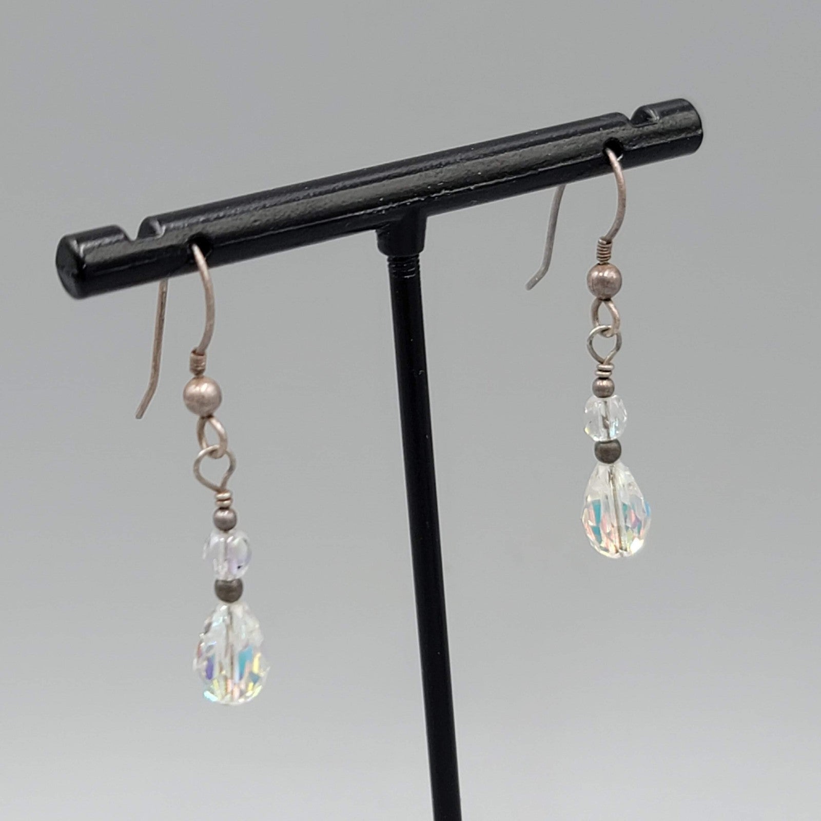 AB Crystal Teardrop Bead Pierced Earrings Silver tone Dangle 7/8"