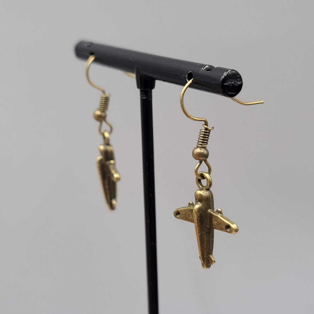Airplane Pierced Earrings Bronze tone Dangle NEW 3/4"