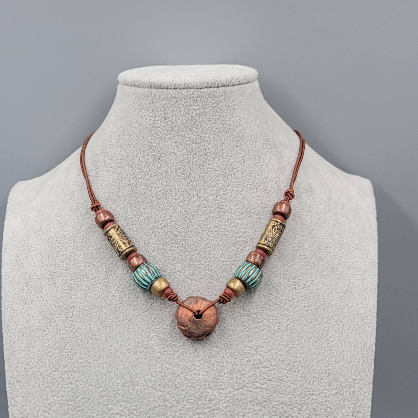 Artisan Tribal Bead Necklace Blue Bronze Colors Brown Cord 16 in
