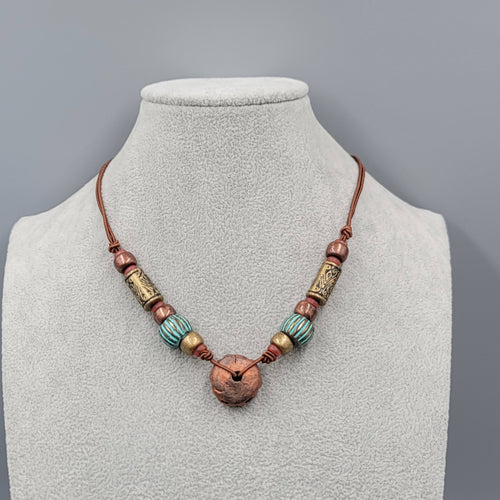 Artisan Tribal Bead Necklace Blue Bronze Colors Brown Cord 16 in