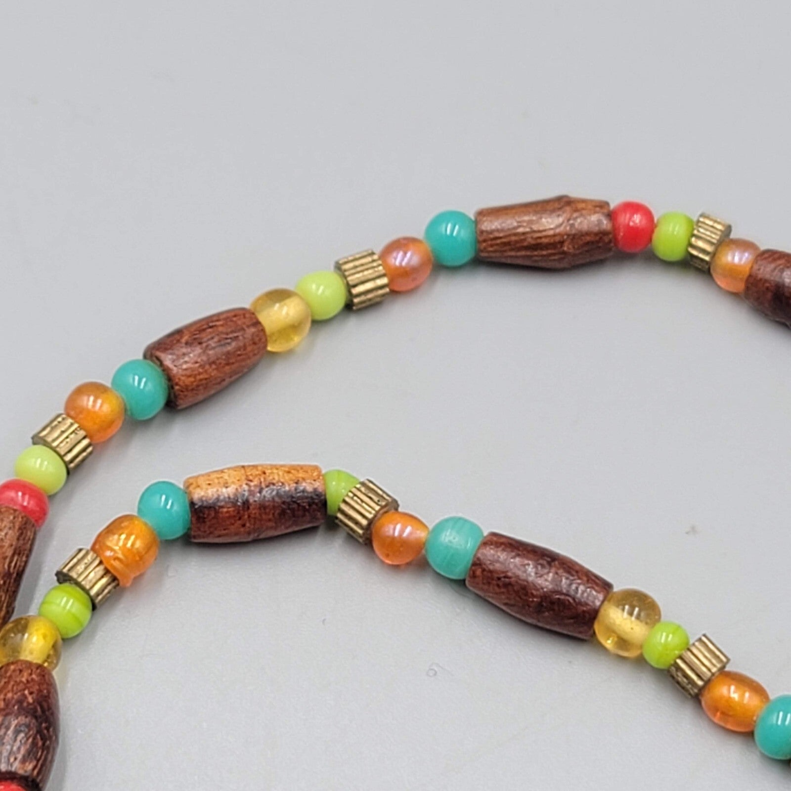 Wood Bead Artisan Necklace Multicolor Glass Spacers 18" Adj