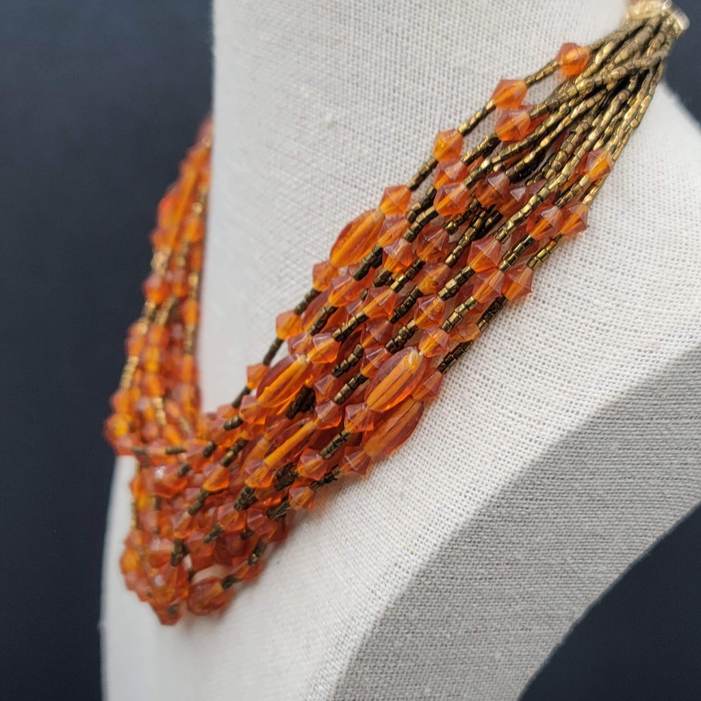 Vtg Japan Orange Glass Beaded Gold Tone Filigree 13 Strand Necklace 13.5"-16"