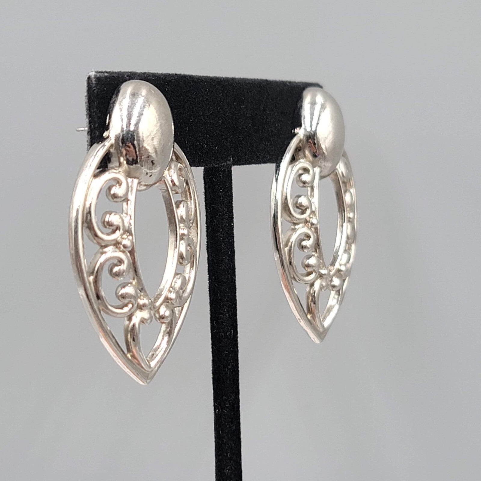 Vintage Pierced Earrings Silver tone Filigree Door Knocker Style Statement 1.75"