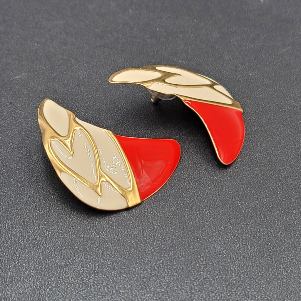 Vintage Pierced Earrings Large Red White Enamel Statement Gold tone 1.75"