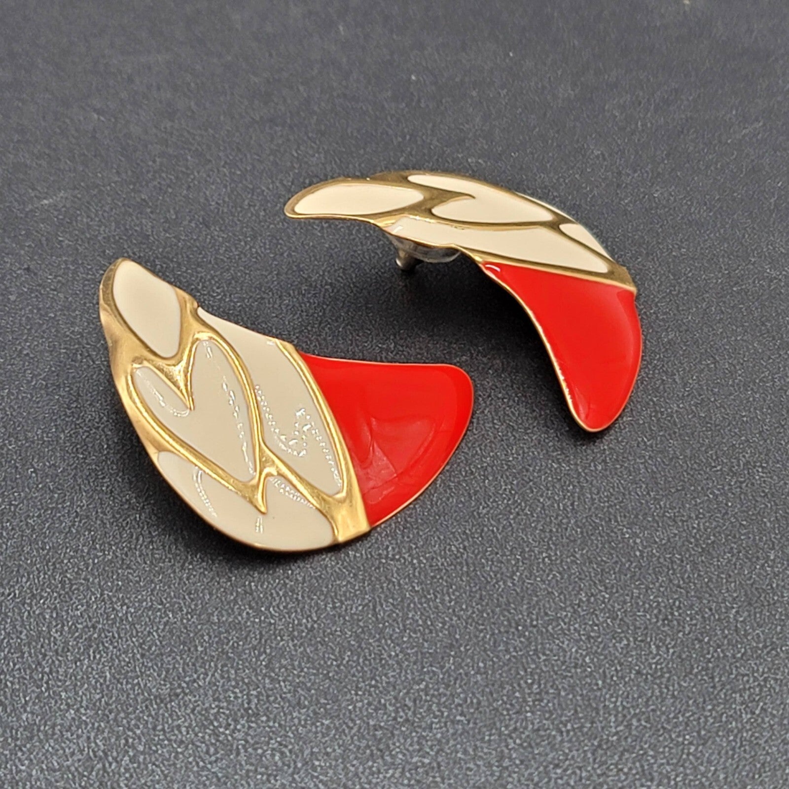Vintage Pierced Earrings Large Red White Enamel Statement Gold tone 1.75"