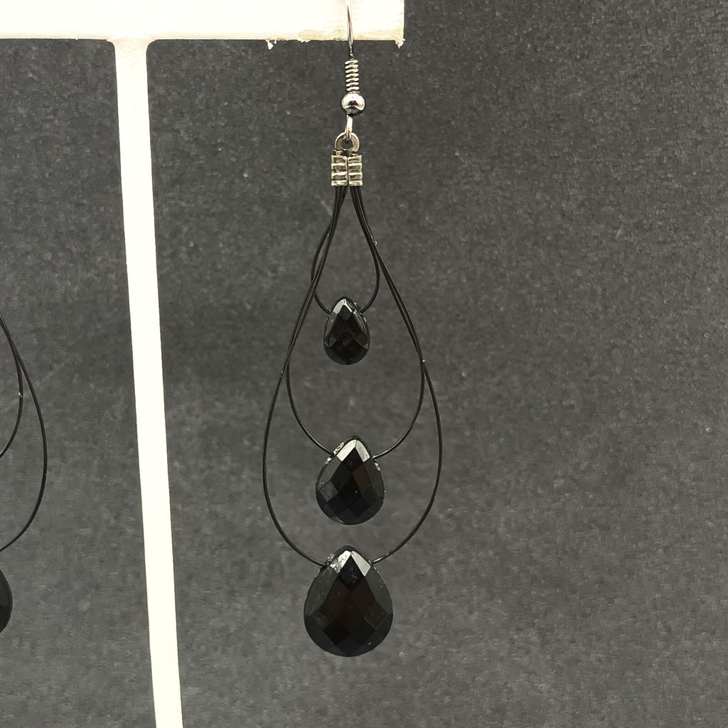 Pierced Earrings Black Plastic Loop Faceted Acrylic Teardrop Bead Dangle 2 3/4"