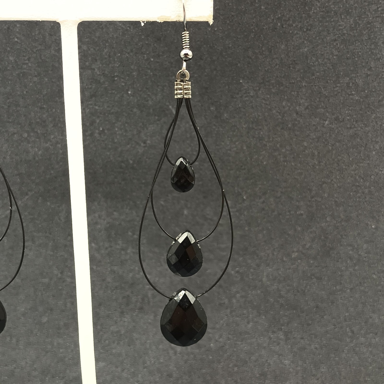 Pierced Earrings Black Plastic Loop Faceted Acrylic Teardrop Bead Dangle 2 3/4"